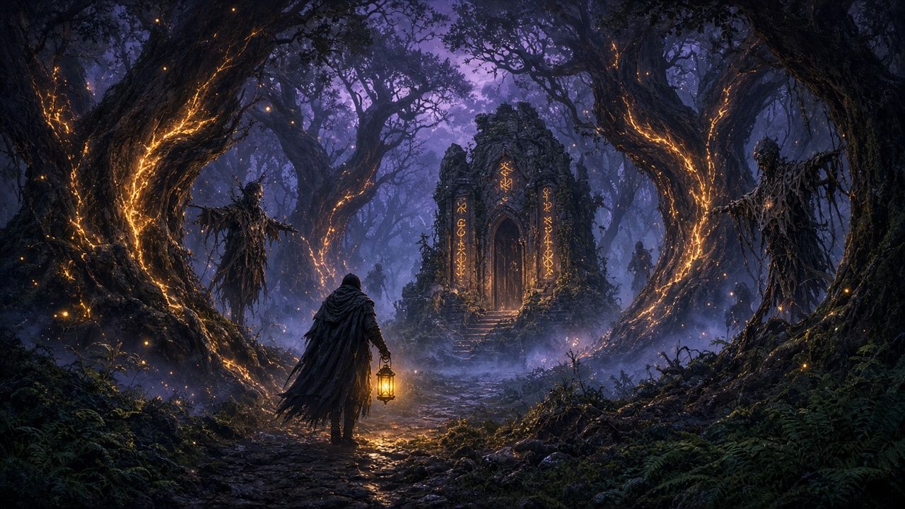 Un viajero con un farol entra en un bosque de árboles retorcidos con vetas de luz dorada, ante una ruina con runas